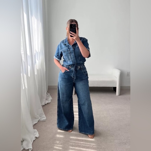 New Free People Edison Denim Wide Leg Coverall Jumpsuit - Picture 3 of 7